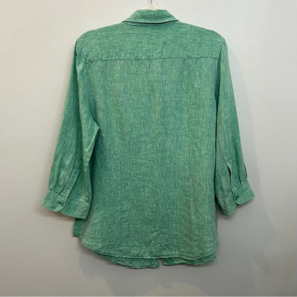 Coldwater Creek 100% Linen Button Up Blouse Quarter Length Sleeves Green Size L - Picture 6 of 11